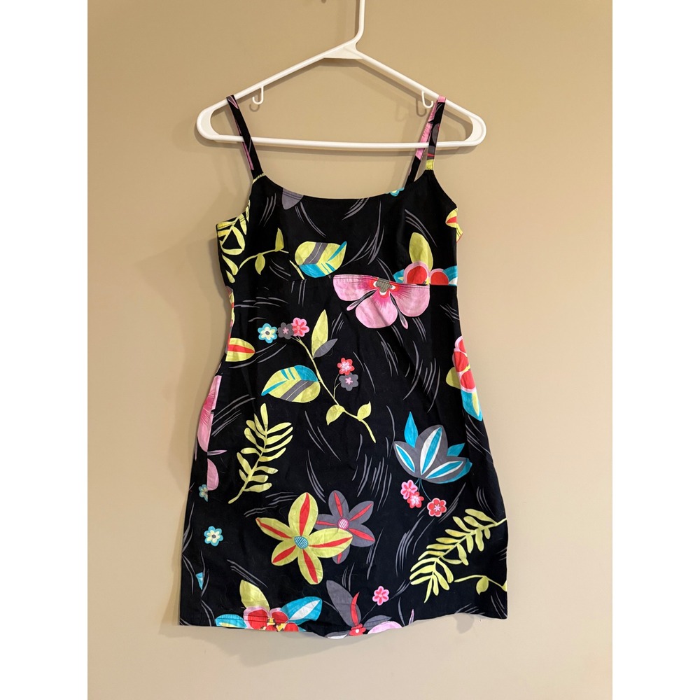 Vintage Arizona Jean Co Floral Mini Dress Black Pink Yellow Blue Size 9 90s Y2K
